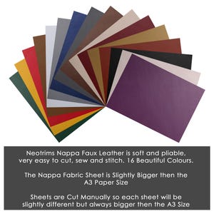 May include: A fan of 16 different colored sheets of faux leather. The leather is soft and pliable, very easy to cut, sew and stitch. The sheets are slightly bigger than A3 paper size.