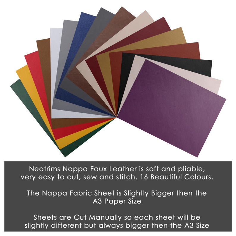 May include: A fan of 16 different colored sheets of faux leather. The leather is soft and pliable, very easy to cut, sew and stitch. The sheets are slightly bigger than A3 paper size.