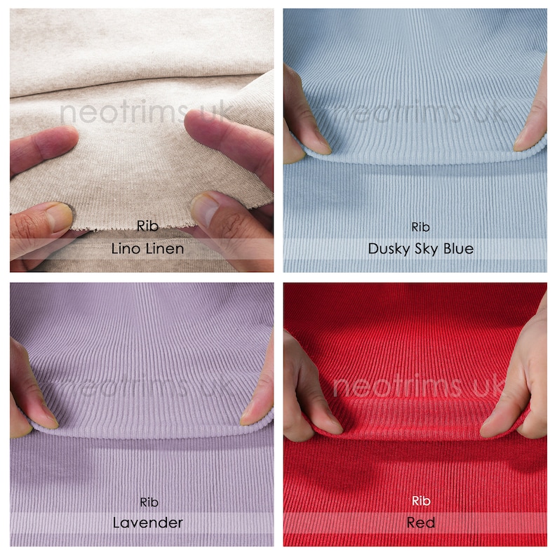 Op de afbeelding: Vier voorbeelden van geribbelde breistof in verschillende kleuren: linnen, donkerblauw, lavendel en rood. Elk stofstaal wordt in een hand gehouden, waardoor de textuur en kleur zichtbaar zijn.