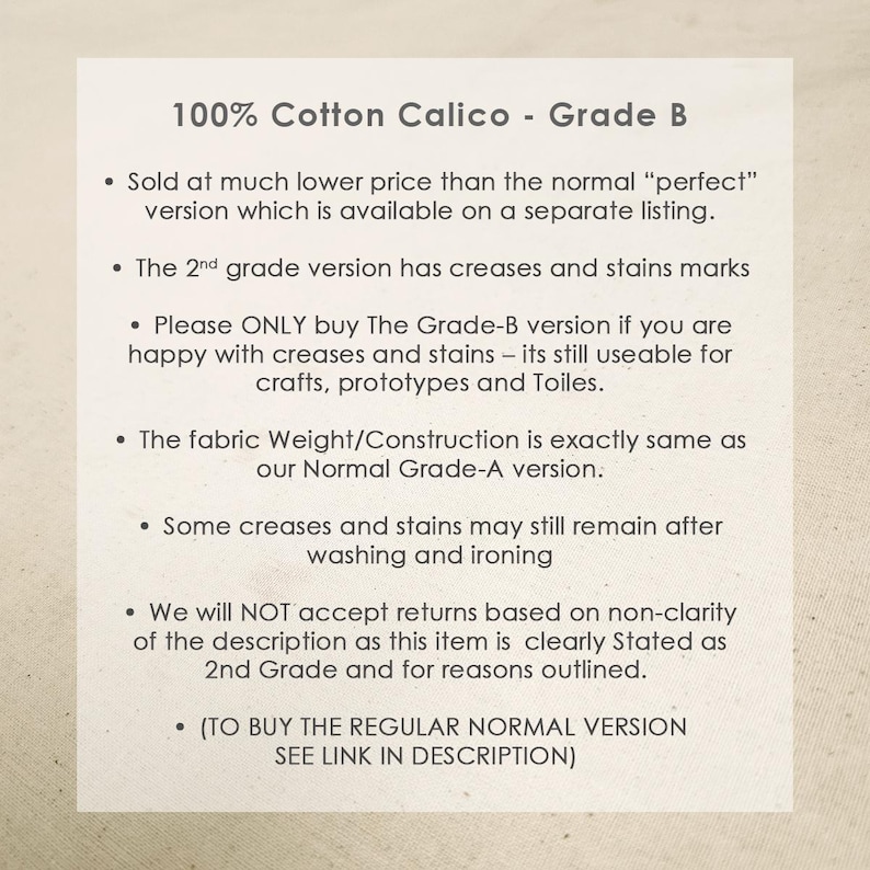 5 Meters Calico Fabric 100% NATURAL Cotton Untreated Chemical Free.60inch,Medium Weight 145gsm Choose Grade A Or Grade B- (Slightly Crease) image 6