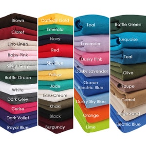 May include: A collection of fabric swatches in various colors, including brown, teal, red, yellow, green, blue, pink, and white. The swatches are arranged in columns, with each column representing a different color family.