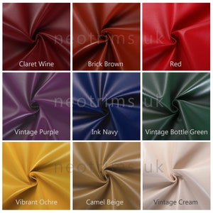 May include: Nine different colors of faux leather fabric swatches. The colors are Claret Wine, Brick Brown, Red, Vintage Purple, Ink Navy, Vintage Bottle Green, Vibrant Ochre, Camel Beige, and Vintage Cream.