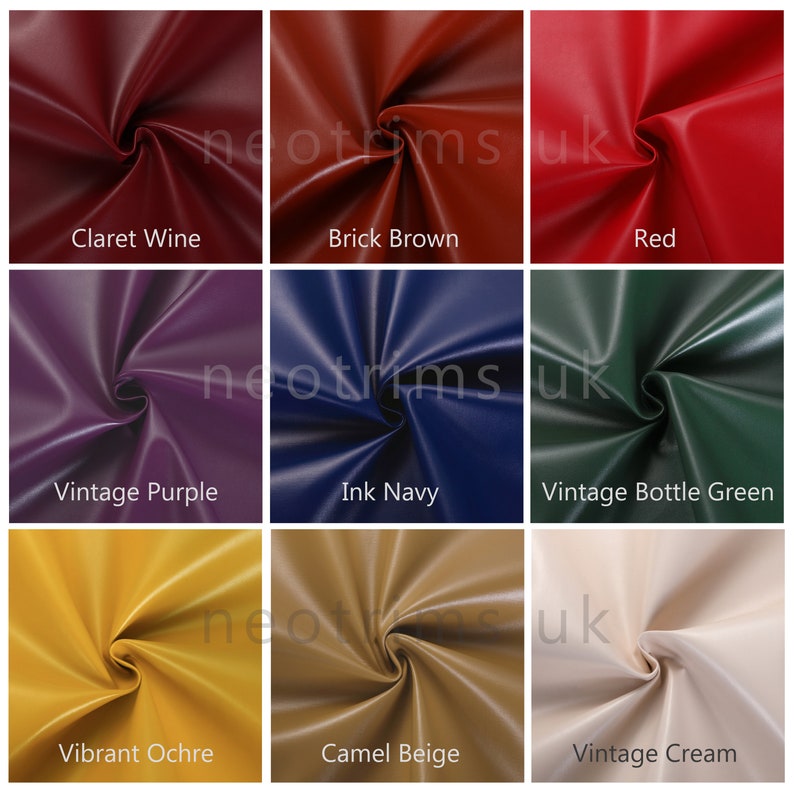 May include: Nine different colors of faux leather fabric swatches. The colors are Claret Wine, Brick Brown, Red, Vintage Purple, Ink Navy, Vintage Bottle Green, Vibrant Ochre, Camel Beige, and Vintage Cream.