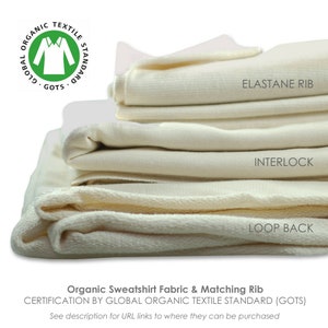 May include: A stack of organic cotton sweatshirt fabric in different weights and styles, including interlock, loopback, and elastane rib. The fabric is certified by the Global Organic Textile Standard (GOTS).