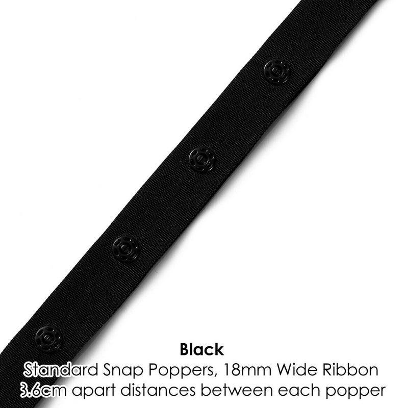 May include: Black snap poppers on a 18mm wide black ribbon. The poppers are 3.6cm apart.