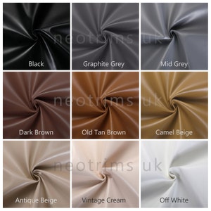 May include: Nine swatches of faux leather in various colors, including black, graphite grey, mid grey, dark brown, old tan brown, camel beige, antique beige, vintage cream, and off white.