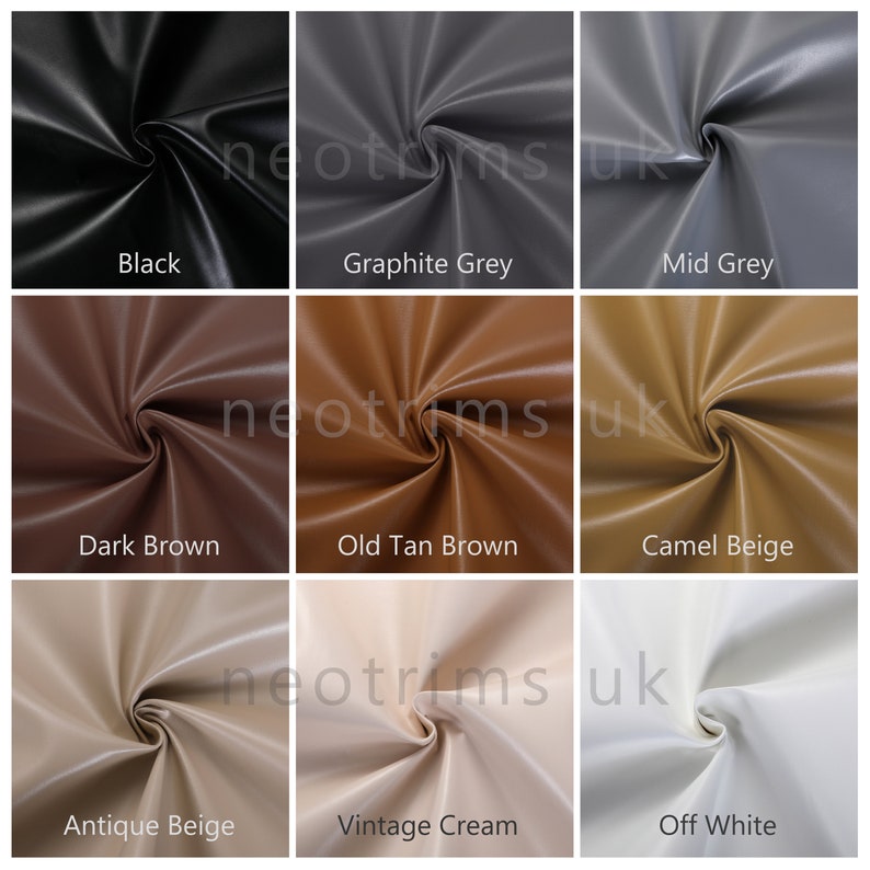 May include: Nine swatches of faux leather in various colors, including black, graphite grey, mid grey, dark brown, old tan brown, camel beige, antique beige, vintage cream, and off white.