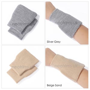 May include: Two pairs of wristbands in silver grey and beige sand. The wristbands are made of a knitted material. The text "neotrims uk" is visible on the wristbands. The wristbands are shown in pairs and worn on a wrist.
