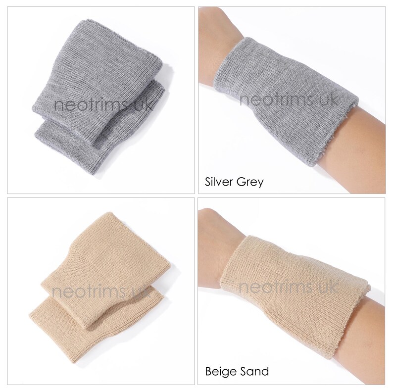 May include: Two pairs of wristbands in silver grey and beige sand. The wristbands are made of a knitted material. The text "neotrims uk" is visible on the wristbands. The wristbands are shown in pairs and worn on a wrist.