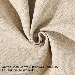 May include: Close-up of a natural beige cotton linen canvas fabric. The fabric is 45% cotton and 55% linen, weighs 17.5 ounces, and is 160cm wide.  Cotton Linen Canvas (45%/55%) Upholstery, 17.5 Ounce, 160cm wide