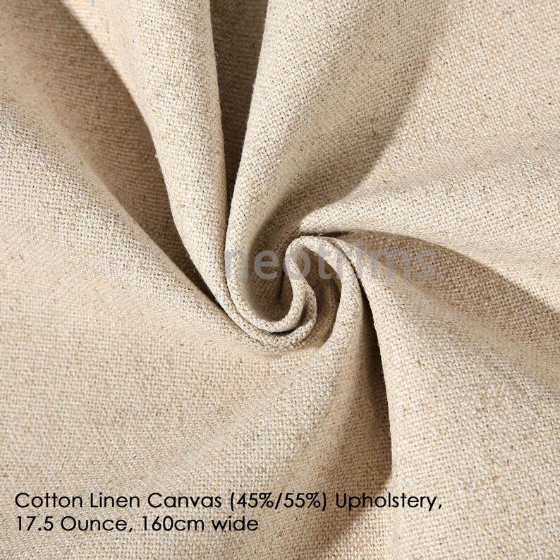May include: Close-up of a natural beige cotton linen canvas fabric. The fabric is 45% cotton and 55% linen, weighs 17.5 ounces, and is 160cm wide.  Cotton Linen Canvas (45%/55%) Upholstery, 17.5 Ounce, 160cm wide