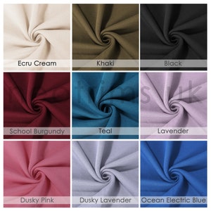 Puede incluir: Nueve muestras de tela en diferentes colores, incluyendo crema crudo, caqui, negro, burdeos escolar, azul verdoso, lavanda, rosa polvoriento, lavanda polvoriento y azul el&eacute;ctrico oc&eacute;ano.