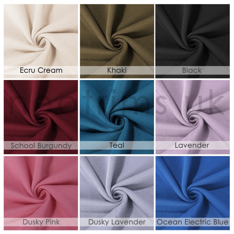 Puede incluir: Nueve muestras de tela en diferentes colores, incluyendo crema crudo, caqui, negro, burdeos escolar, azul verdoso, lavanda, rosa polvoriento, lavanda polvoriento y azul el&eacute;ctrico oc&eacute;ano.