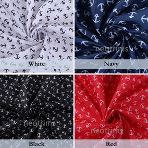 May include: Four fabric swatches with a white anchor pattern on different colored backgrounds: white, navy blue, black, and red.