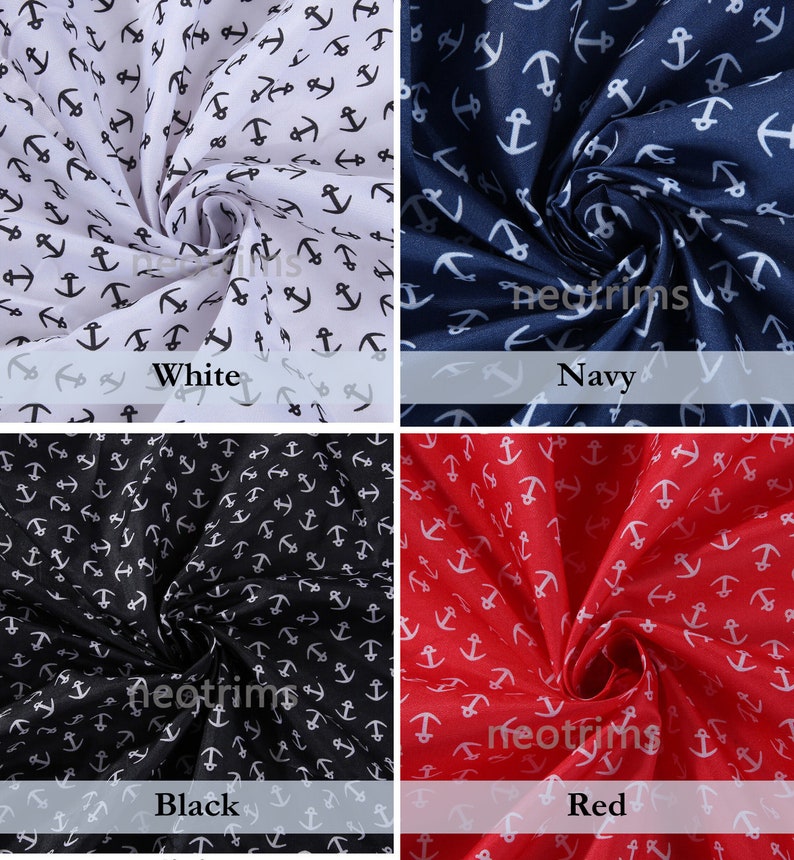 May include: Four fabric swatches with a white anchor pattern on different colored backgrounds: white, navy blue, black, and red.
