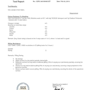 May include: A test report from SGS, a testing service, for a knit fabric. The report includes a color fastness to washing test and a pilling resistance test. The report is dated February 2, 2016.