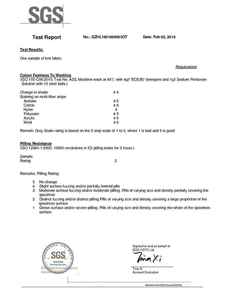 May include: A test report from SGS, a testing service, for a knit fabric. The report includes a color fastness to washing test and a pilling resistance test. The report is dated February 2, 2016.