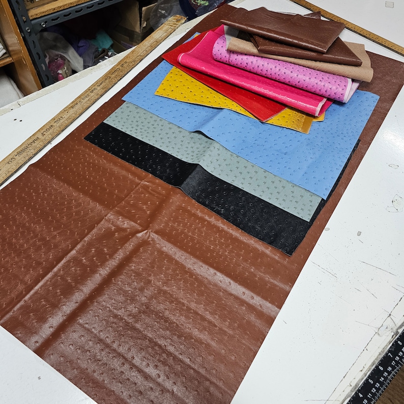 May include: A stack of different colored leather swatches with an ostrich skin pattern. The swatches are arranged in a fan shape on a white surface.