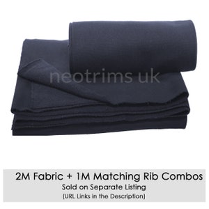 Puede incluir: Un rollo de tela azul oscuro doblado por la mitad, con otro rollo de la misma tela en la parte superior. El texto "2M Fabric + 1M Matching Rib ComboS Sold on Separate Listing (URL Links in the Description)" est&aacute; impreso debajo de la tela.