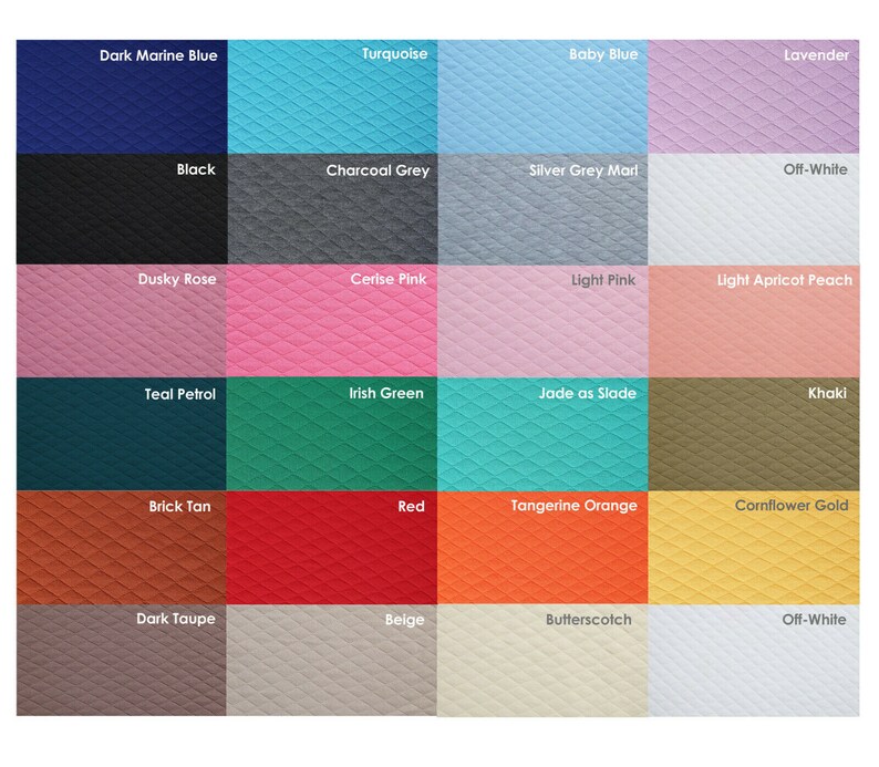Peut inclure: Un nuancier de 24 &eacute;chantillons de tissu avec une vari&eacute;t&eacute; de couleurs et de textures. Les &eacute;chantillons sont dispos&eacute;s en grille de quatre rang&eacute;es et six colonnes. Les couleurs comprennent le bleu marine fonc&eacute;, le turquoise, le bleu b&eacute;b&eacute;, la lavande, le noir, le gris anthracite, le gris argent&eacute; chin&eacute;, le blanc cass&eacute;, le rose poudr&eacute;, le rose cerise, le rose clair, le p&ecirc;che abricot clair, le bleu canard, le vert irlandais, le jade comme slade, le kaki, le brun brique, le rouge, l'orange mandarine, l'or bleuet, le taupe fonc&eacute;, le beige, le caramel, et le blanc cass&eacute;.