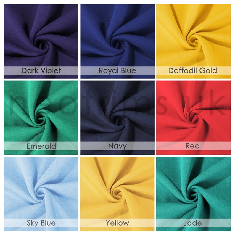 Puede incluir: Nueve muestras de tela en diferentes colores: violeta oscuro, azul real, oro amarillo, esmeralda, azul marino, rojo, azul cielo, amarillo y jade.