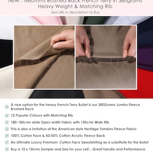 May include: Close-up of a brown brushed back French terry fabric with a matching rib. The fabric is 380 grams per square meter and is 180-185 centimeters wide.  The fabric is a blend of cotton and acrylic.