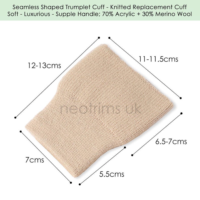 May include: A beige, seamless, knitted trumpet cuff, ideal for replacement. The cuff is made of 70% acrylic and 30% merino wool. Dimensions are 4.7-5.1 inches wide, 2.7 inches long, 2.2 inches wide, and 4.7-5.1 inches long. The text "neotrims uk" is visible.