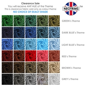 Puede incluir: Una carta de colores de muestras de tela en varios tonos de verde, azul, rojo, marr&oacute;n y gris. La tela es de textura de punto de canal&eacute;. El texto "Clearance Sale" est&aacute; en la parte superior de la imagen. El texto "You will receive ANT HUE of the Theme" est&aacute; debajo del texto "Clearance Sale". El texto "This is clearance fabric sold only as color theme" est&aacute; debajo del texto anterior. El texto "NO CHOICE OF EXACT SHADE" est&aacute; debajo del texto anterior. El texto "NEOTRIMS" est&aacute; en un c&iacute;rculo con un dise&ntilde;o de bandera de la Uni&oacute;n Jack. Los textos "GREEN's Theme", "DARK BLUE's Theme", "LIGHT BLUE's Theme", "RED's Theme", "BROWN's Theme" y "GREY's Theme" est&aacute;n listados a la derecha de las muestras de tela.