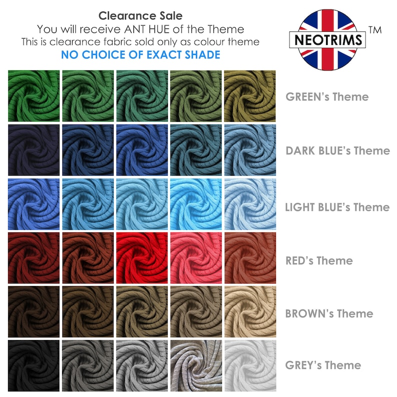 Puede incluir: Una carta de colores de muestras de tela en varios tonos de verde, azul, rojo, marr&oacute;n y gris. La tela es de textura de punto de canal&eacute;. El texto "Clearance Sale" est&aacute; en la parte superior de la imagen. El texto "You will receive ANT HUE of the Theme" est&aacute; debajo del texto "Clearance Sale". El texto "This is clearance fabric sold only as color theme" est&aacute; debajo del texto anterior. El texto "NO CHOICE OF EXACT SHADE" est&aacute; debajo del texto anterior. El texto "NEOTRIMS" est&aacute; en un c&iacute;rculo con un dise&ntilde;o de bandera de la Uni&oacute;n Jack. Los textos "GREEN's Theme", "DARK BLUE's Theme", "LIGHT BLUE's Theme", "RED's Theme", "BROWN's Theme" y "GREY's Theme" est&aacute;n listados a la derecha de las muestras de tela.