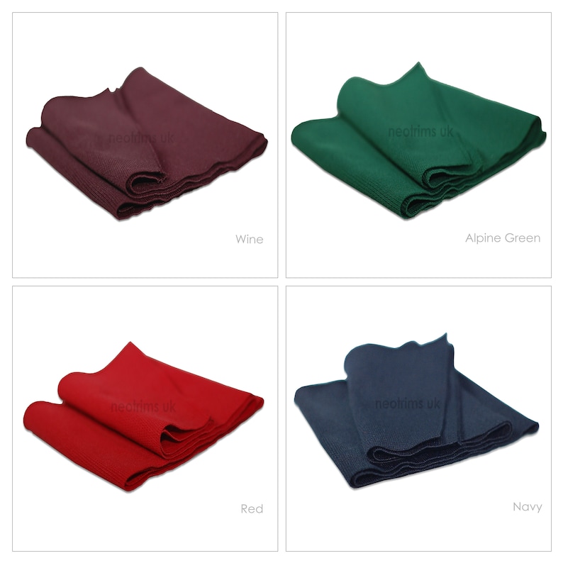May include: Four folded pool table cloth samples in different colors: wine, alpine green, red, and navy.