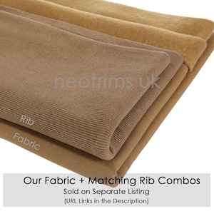 May include: Close-up of two folded fabric swatches. The top swatch is a brown ribbed fabric labeled "Rib". The bottom swatch is a brown fabric labeled "Fabric". The text "Our Fabric + Matching Rib Combos Sold on Separate Listing (URL Links in the Description)" is visible at the bottom of the image.