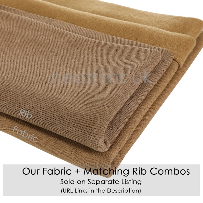 May include: Close-up of two folded fabric swatches. The top swatch is a brown ribbed fabric labeled "Rib". The bottom swatch is a brown fabric labeled "Fabric". The text "Our Fabric + Matching Rib Combos Sold on Separate Listing (URL Links in the Description)" is visible at the bottom of the image.