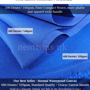 May include: Comparison of two blue canvas fabrics. The top fabric is labeled "300 Denier/160gsm, Finer Compact Weave, more pliable and apparel style/handle". The bottom fabric is labeled "600 Denier/320gsm, Standard Quality - Coarse Canvas Handle (Sold in a separate Listing, See link in the description to buy)".