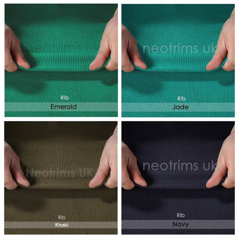 Op de afbeelding: Vier stofstalen van geribbelde stof in verschillende kleuren: smaragdgroen, jadegroen, kaki en marineblauw. Elk staal wordt in een hand gehouden, waardoor de textuur van de stof zichtbaar is.