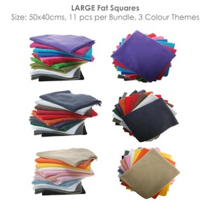 May include: A set of 11 fat squares of fabric in various colors, including purple, blue, red, white, green, orange, yellow, and pink. The squares are 50x40 centimeters and are arranged in three stacks.