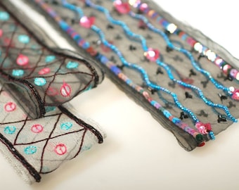 Indian Embroidery,Sequins Beads Black Organza Mesh Sari Trimming Ribbon Border.Delicate Embellished Cocktail Dress Trim Jade,Pink,Turquoise