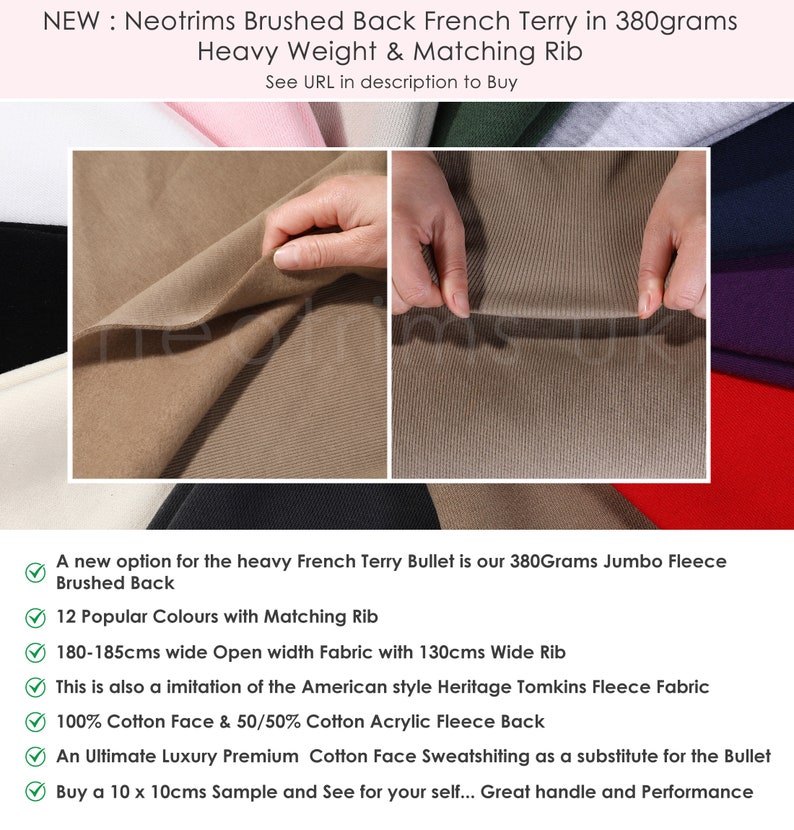May include: Close-up of a brown brushed back French terry fabric with a matching rib. The fabric is 380 grams per square meter and is 180-185 centimeters wide.  The fabric is a blend of cotton and acrylic.