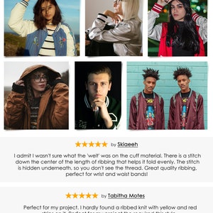 May include: A collection of images showcasing different styles of jackets. The jackets are in various colors, including red, blue, brown, and gray. Some jackets feature a ribbed knit with yellow and red stripes.