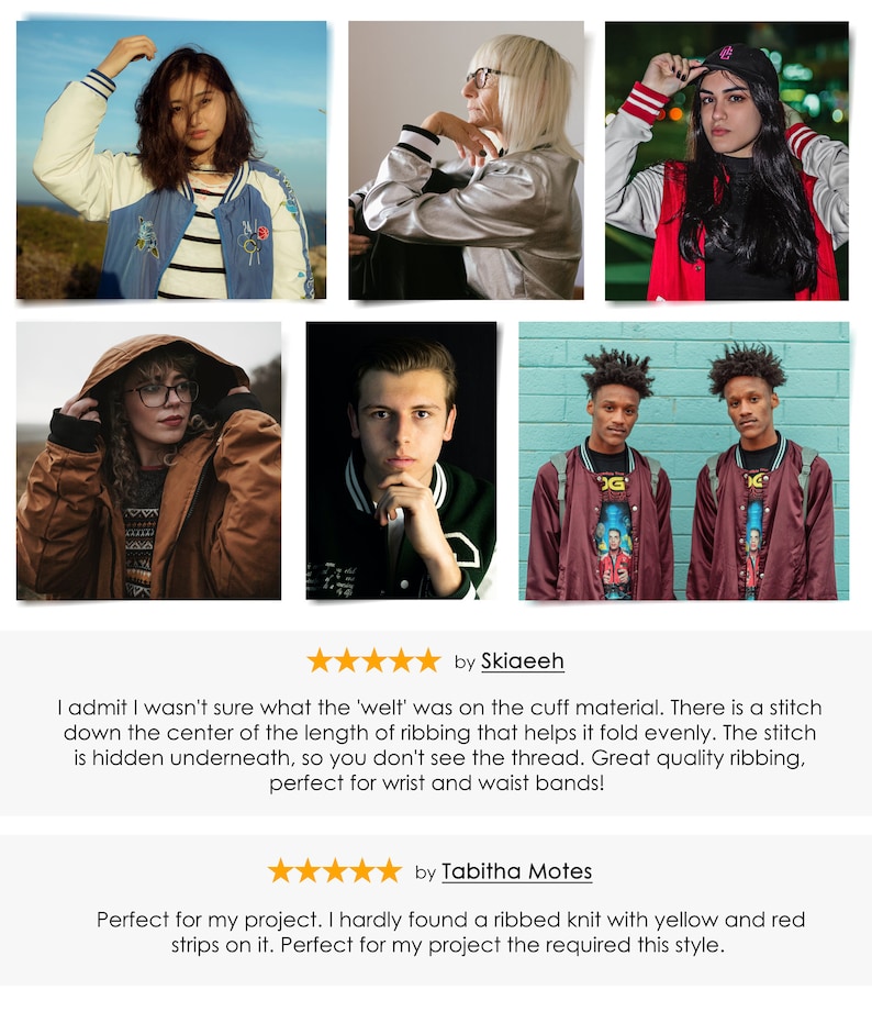 May include: A collection of images showcasing different styles of jackets. The jackets are in various colors, including red, blue, brown, and gray. Some jackets feature a ribbed knit with yellow and red stripes.