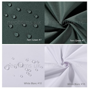 May include: Two fabric swatches, one fern green and one white. Both swatches are shown with water droplets on them to demonstrate their water resistance.