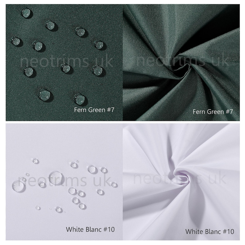 May include: Two fabric swatches, one fern green and one white. Both swatches are shown with water droplets on them to demonstrate their water resistance.
