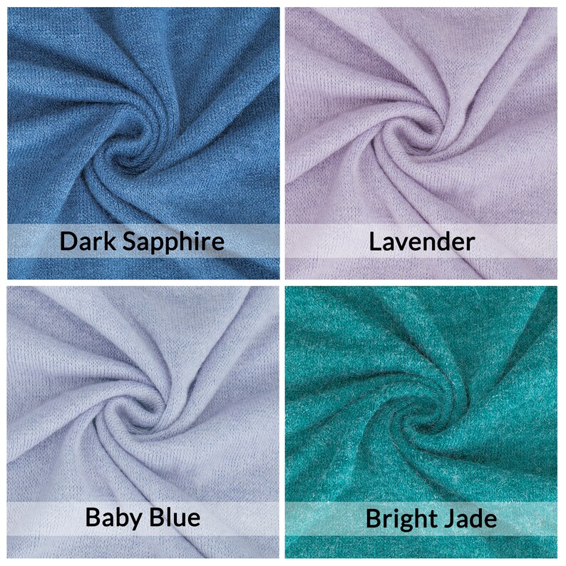 Op de afbeelding: Vier stofstalen in verschillende kleuren: donker saffierblauw, lavendel, babyblauw en helder jadegroen. De stof is een zachte, gestructureerde brei.