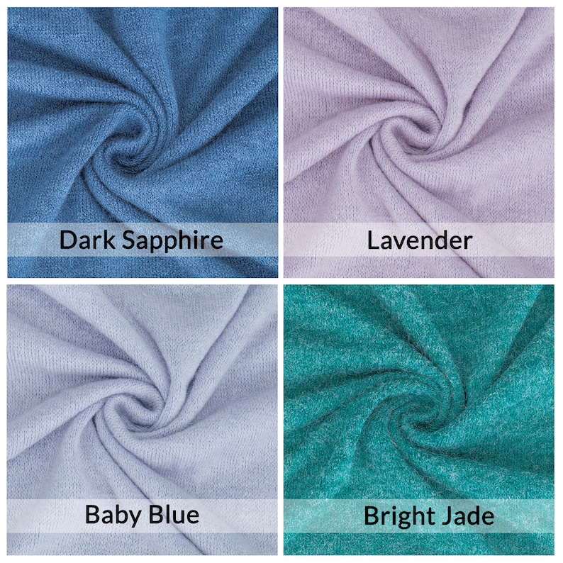 Puede incluir: Cuatro muestras de tela en diferentes colores: azul zafiro oscuro, lavanda, azul beb&eacute; y verde jade brillante. La tela es un tejido suave y texturizado.