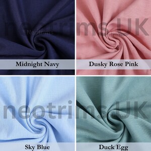 May include: Four fabric swatches in different colors: midnight navy, dusky rose pink, sky blue, and duck egg. The fabric is a soft, textured knit.