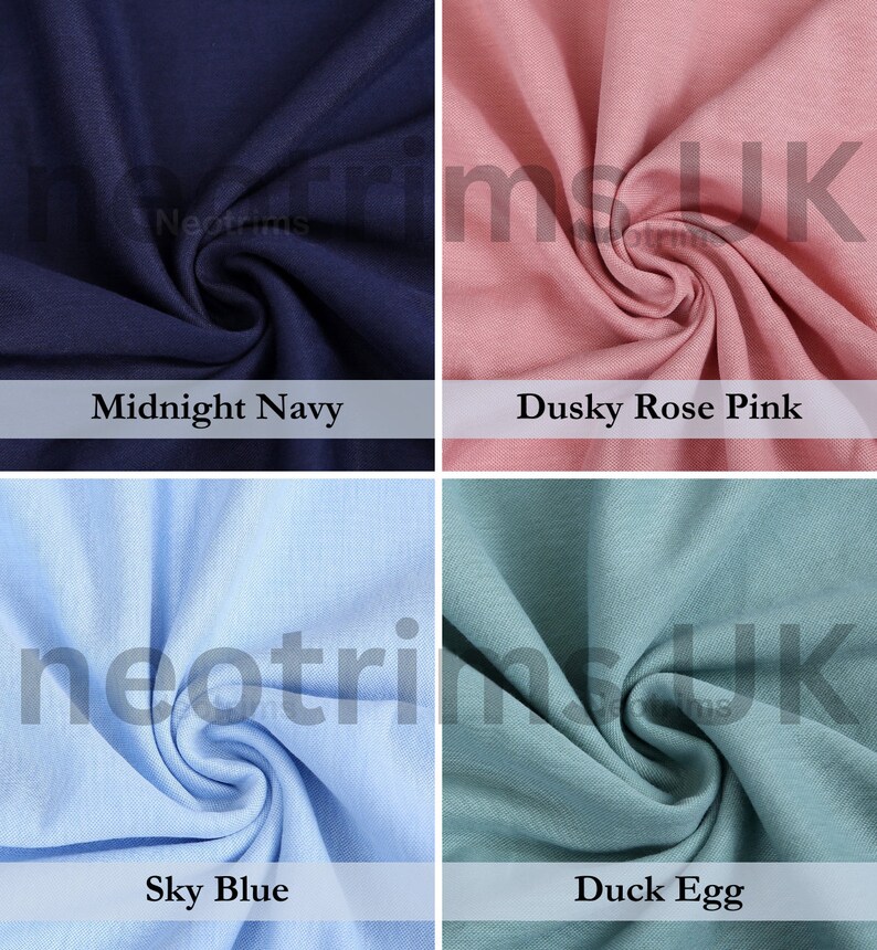 May include: Four fabric swatches in different colors: midnight navy, dusky rose pink, sky blue, and duck egg. The fabric is a soft, textured knit.