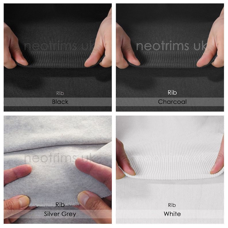 Op de afbeelding: Vier voorbeelden van rib gebreide stof in verschillende kleuren: zwart, antraciet, zilvergrijs en wit. De stof wordt in een hand gehouden om de textuur te laten zien.
