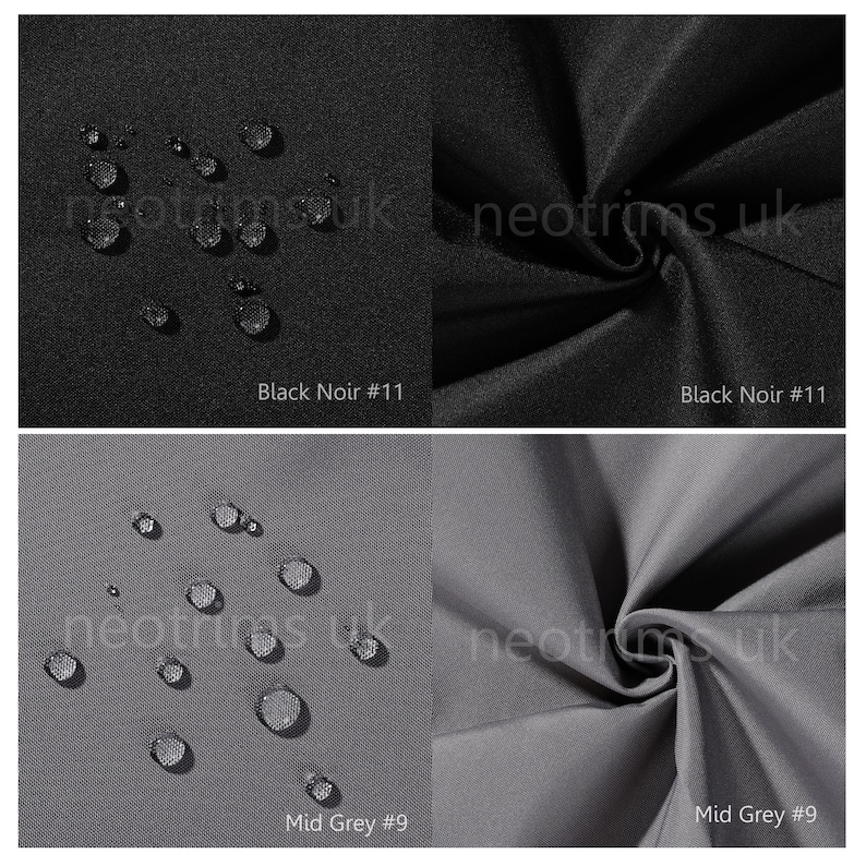 May include: Close-up of two fabric swatches, one black and one gray. Both swatches are water-resistant and have water droplets on them. The text "neotrims uk" is visible on both swatches. The black swatch is labeled "Black Noir #11" and the gray swatch is labeled "Mid Grey #9".