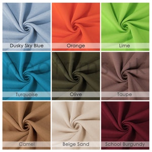 Puede incluir: Nueve muestras de tela en diferentes colores, incluyendo azul cielo polvoriento, naranja, lima, turquesa, oliva, topo, camel, arena beige y burdeos escolar.