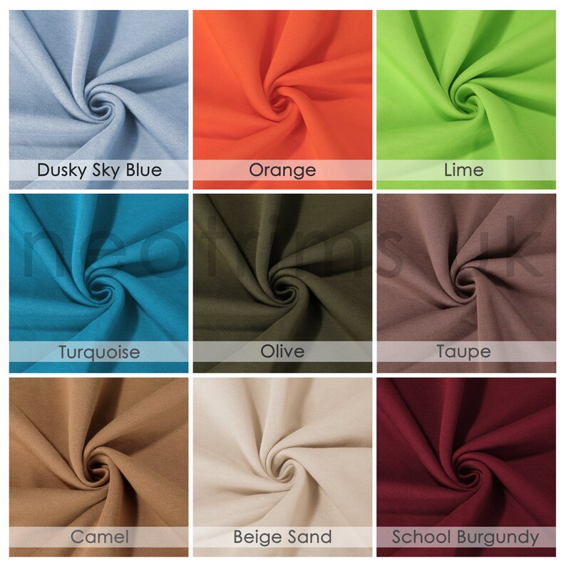 Puede incluir: Nueve muestras de tela en diferentes colores, incluyendo azul cielo polvoriento, naranja, lima, turquesa, oliva, topo, camel, arena beige y burdeos escolar.