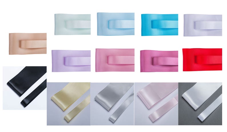 May include: Assortment of satin ribbon in various colors, including black, white, light blue, pink, red, beige, lavender, and gold. The ribbon is shown in two widths.